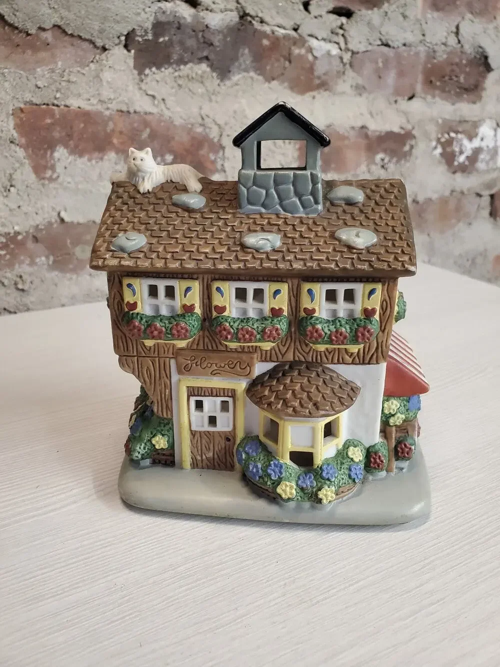 International Craft Flower Shop Village House Figurine Tea Light Candle Holder